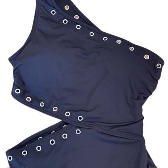 Michael Kors Side Cut Out One Shoulder Black Grommet Swimsuit Grunge Luxe 10 - Picture 4 of 7